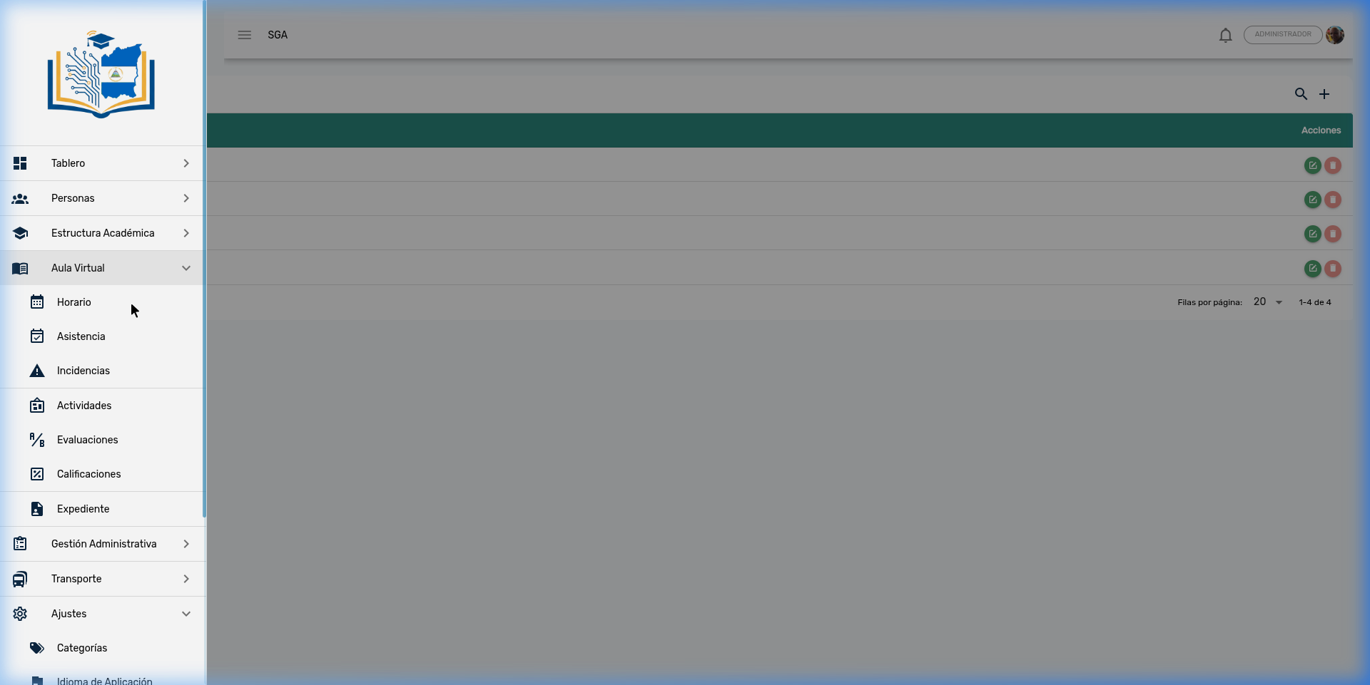 Módulo Aula Virtual con sub-módulos