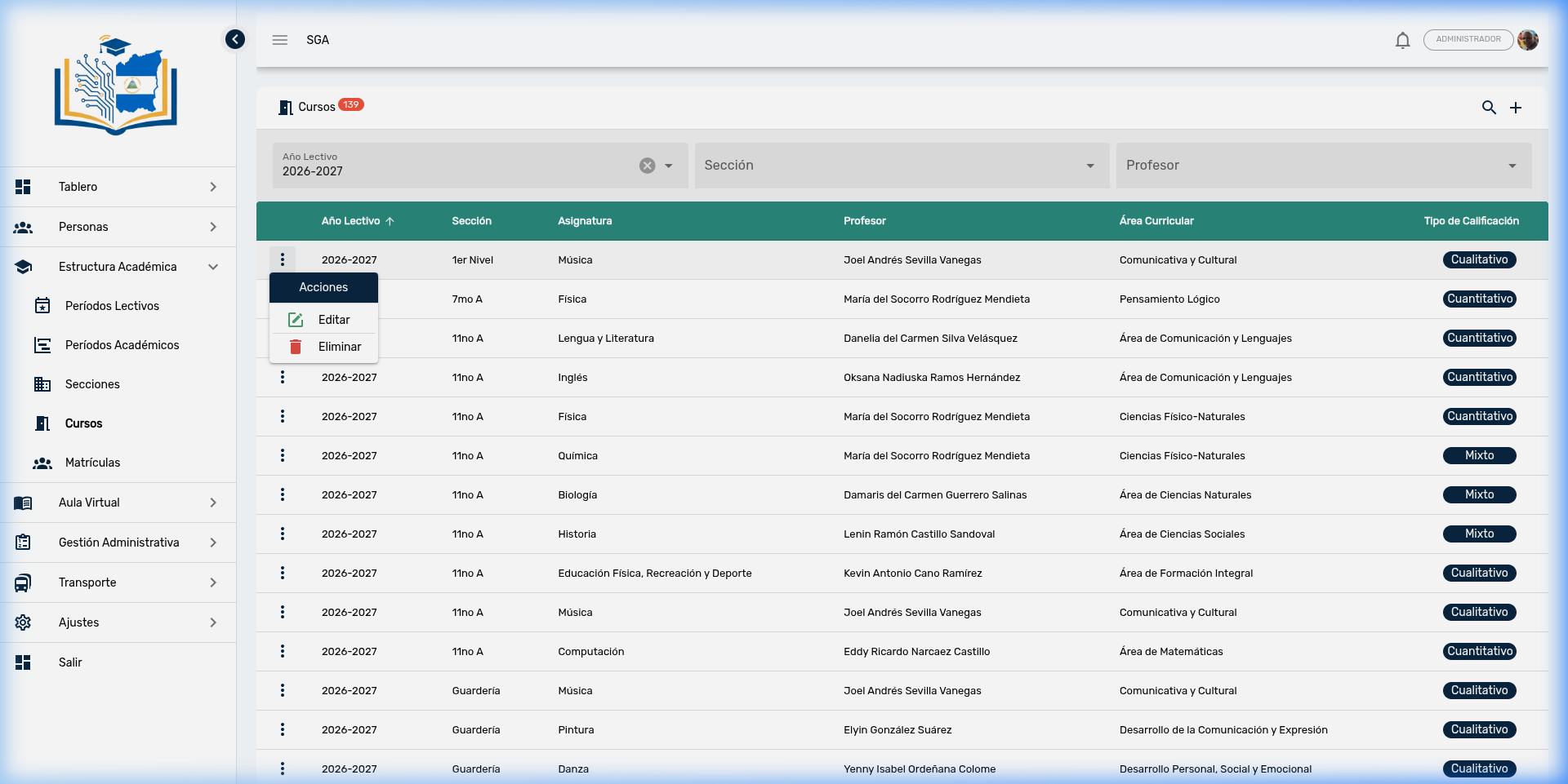 Menú de acciones del curso