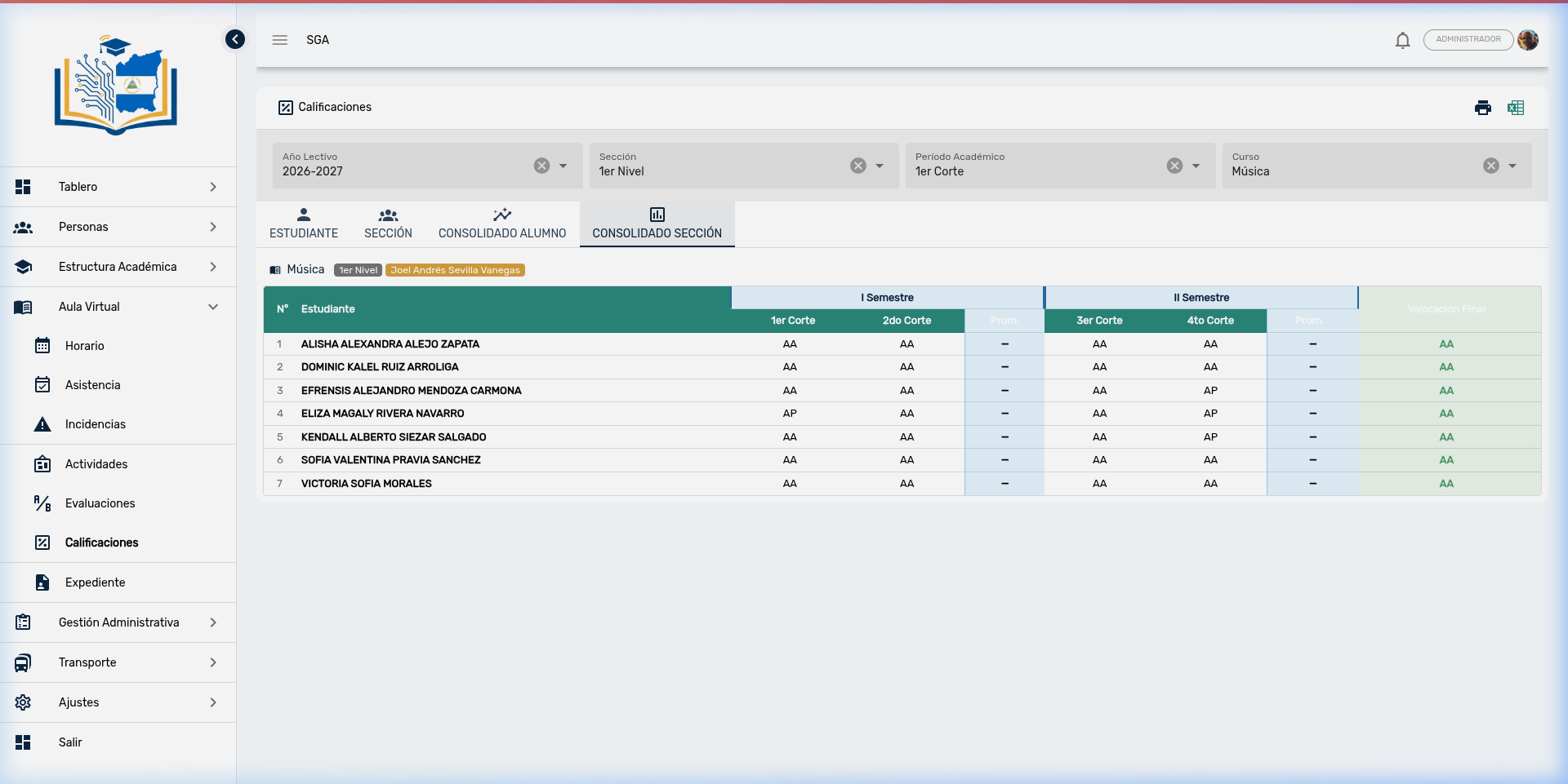 Consolidado Sección: vista anual con I Semestre, II Semestre y Valoración Final