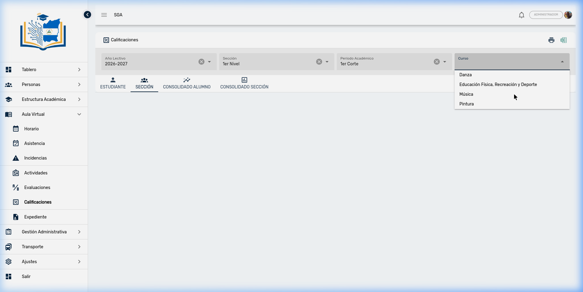 Página de Calificaciones con filtros y pestañas ESTUDIANTE, SECCIÓN, CONSOLIDADO ALUMNO, CONSOLIDADO SECCIÓN