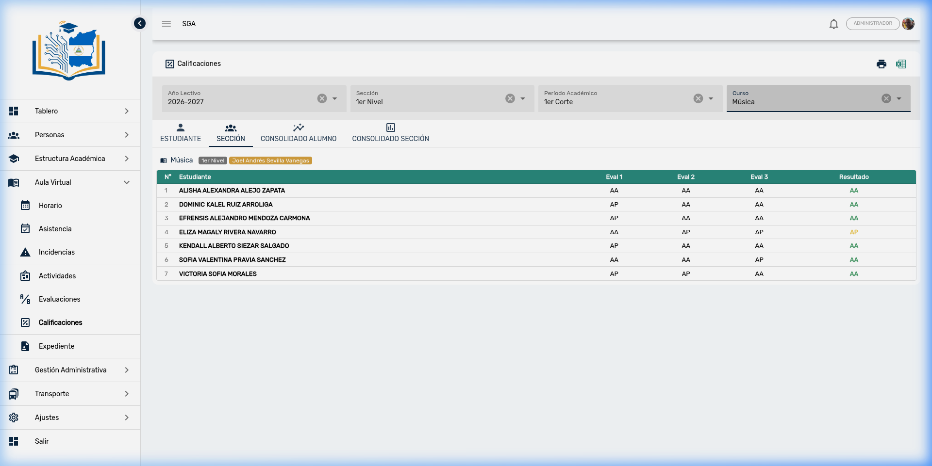 Vista SECCIÓN: tabla de calificaciones con todos los estudiantes y sus evaluaciones del período
