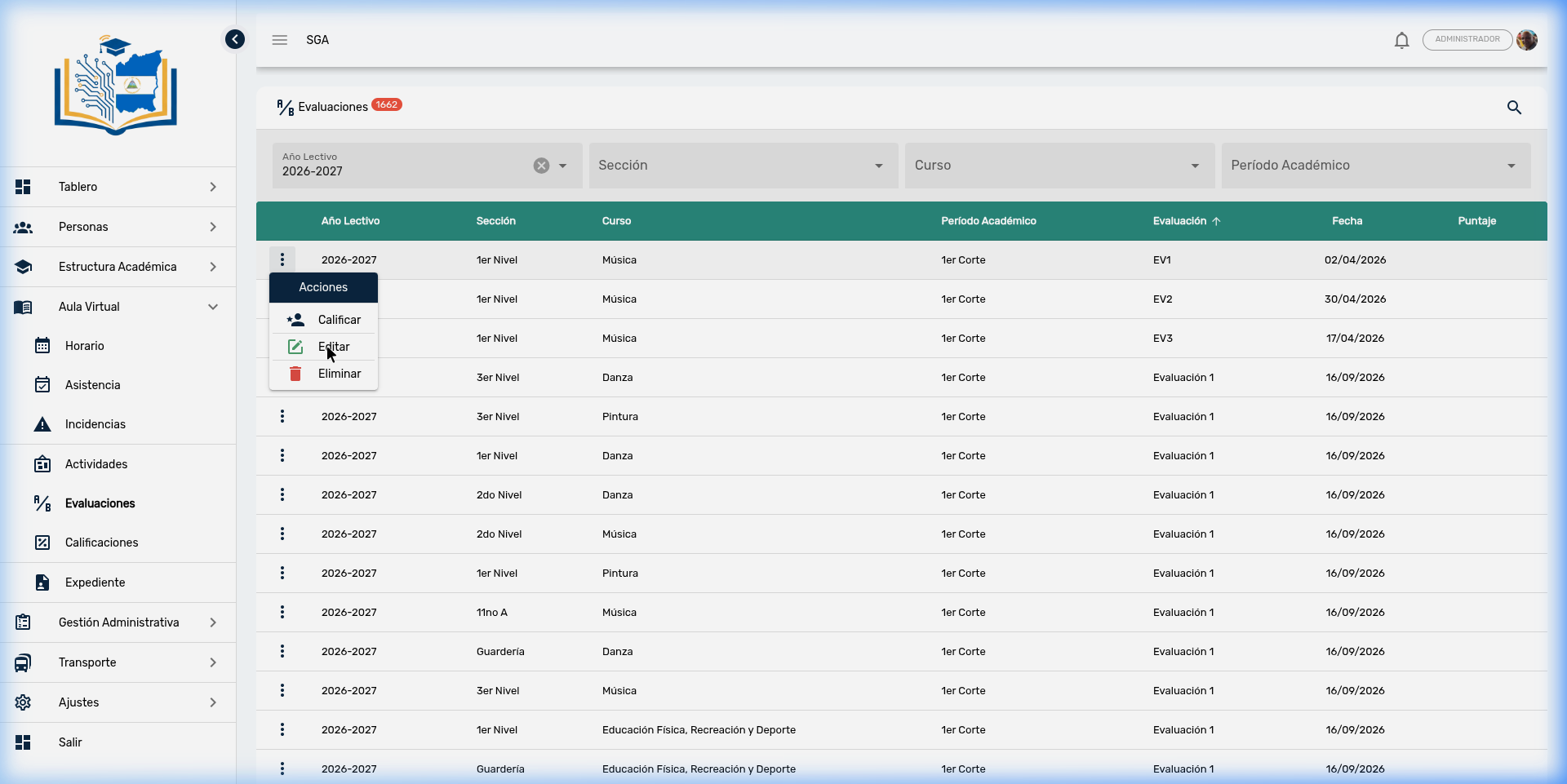 Menú de acciones: Calificar, Editar, Eliminar