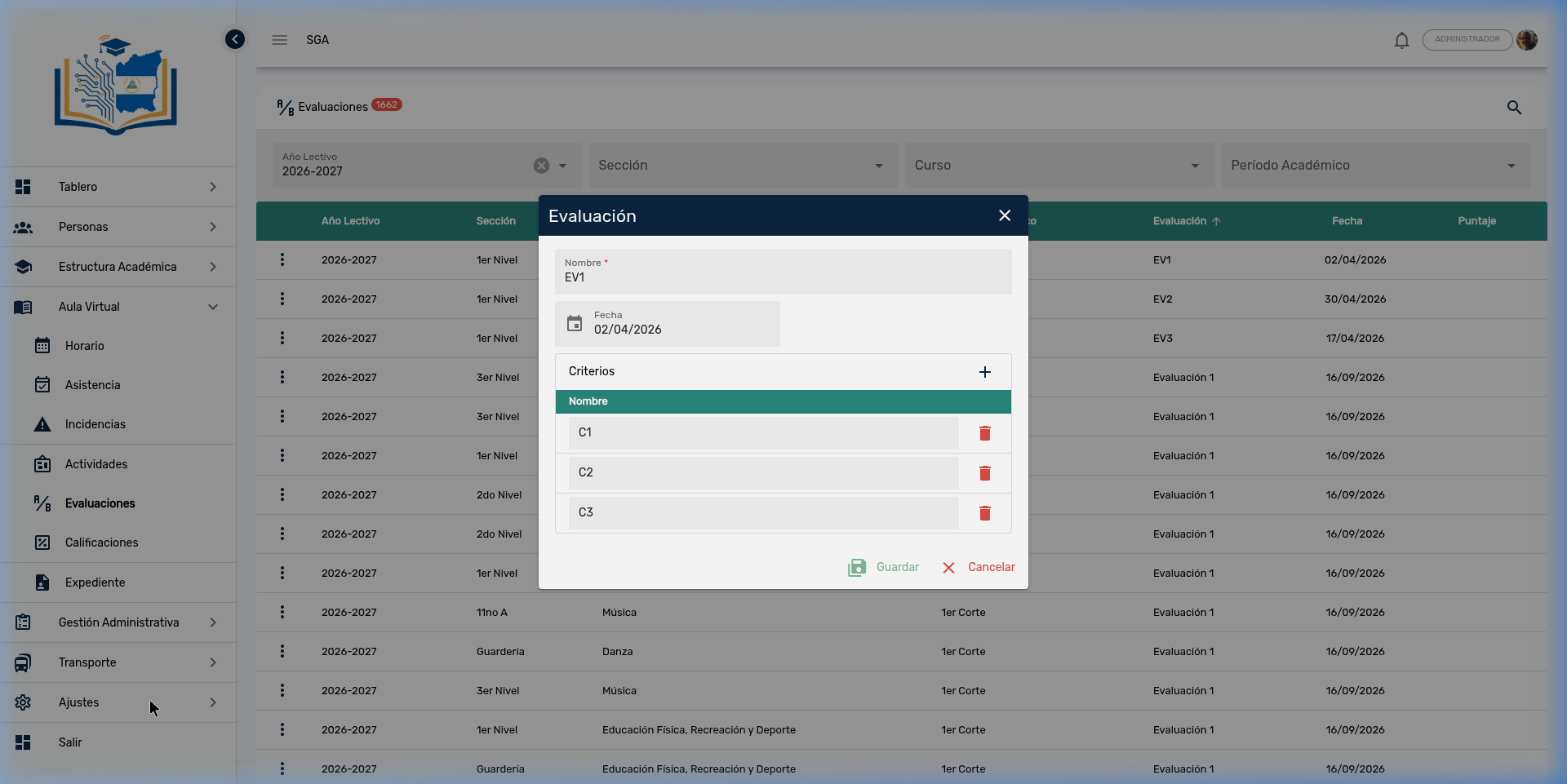 Diálogo de edición de evaluación con nombre, fecha y lista de criterios