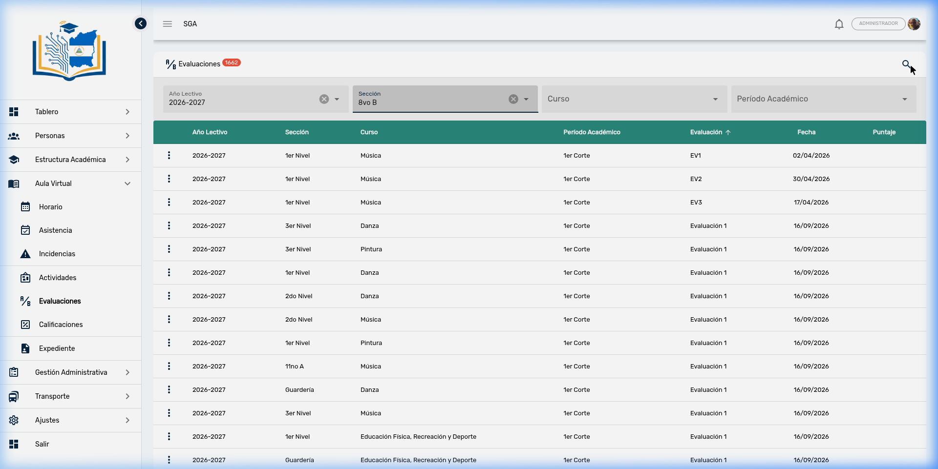 Lista de evaluaciones con filtros y columnas de datos