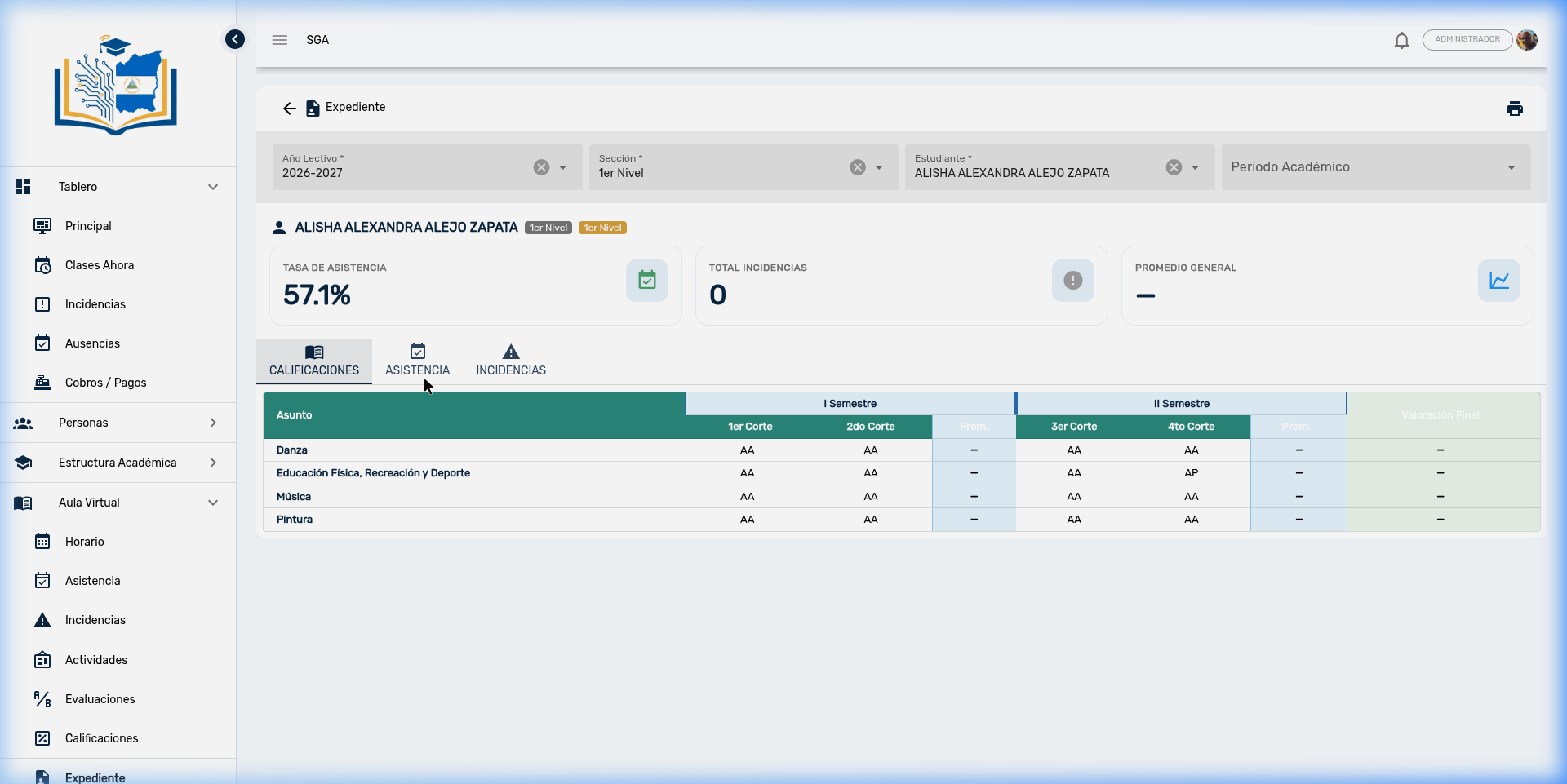Expediente - Pestaña Asistencia con badges de resumen y tabla de registros por fecha y asignatura