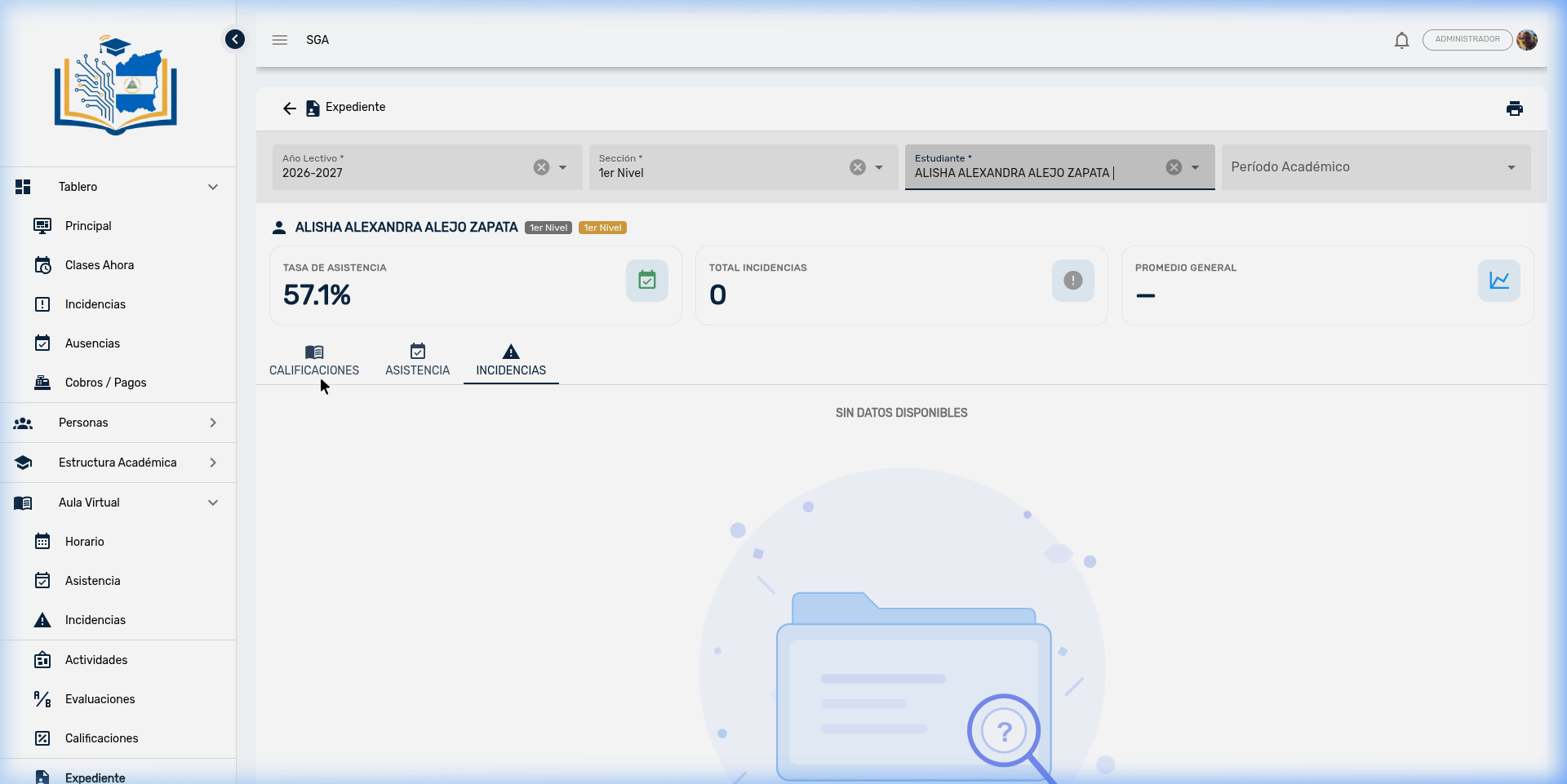 Expediente - Pestaña Calificaciones mostrando asignaturas con notas por corte, semestre y valoración final
