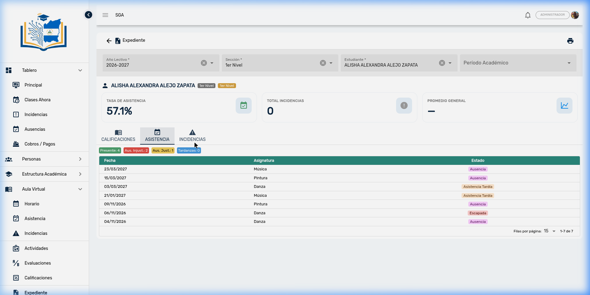 Expediente - Pestaña Incidencias mostrando estado vacío cuando no hay reportes