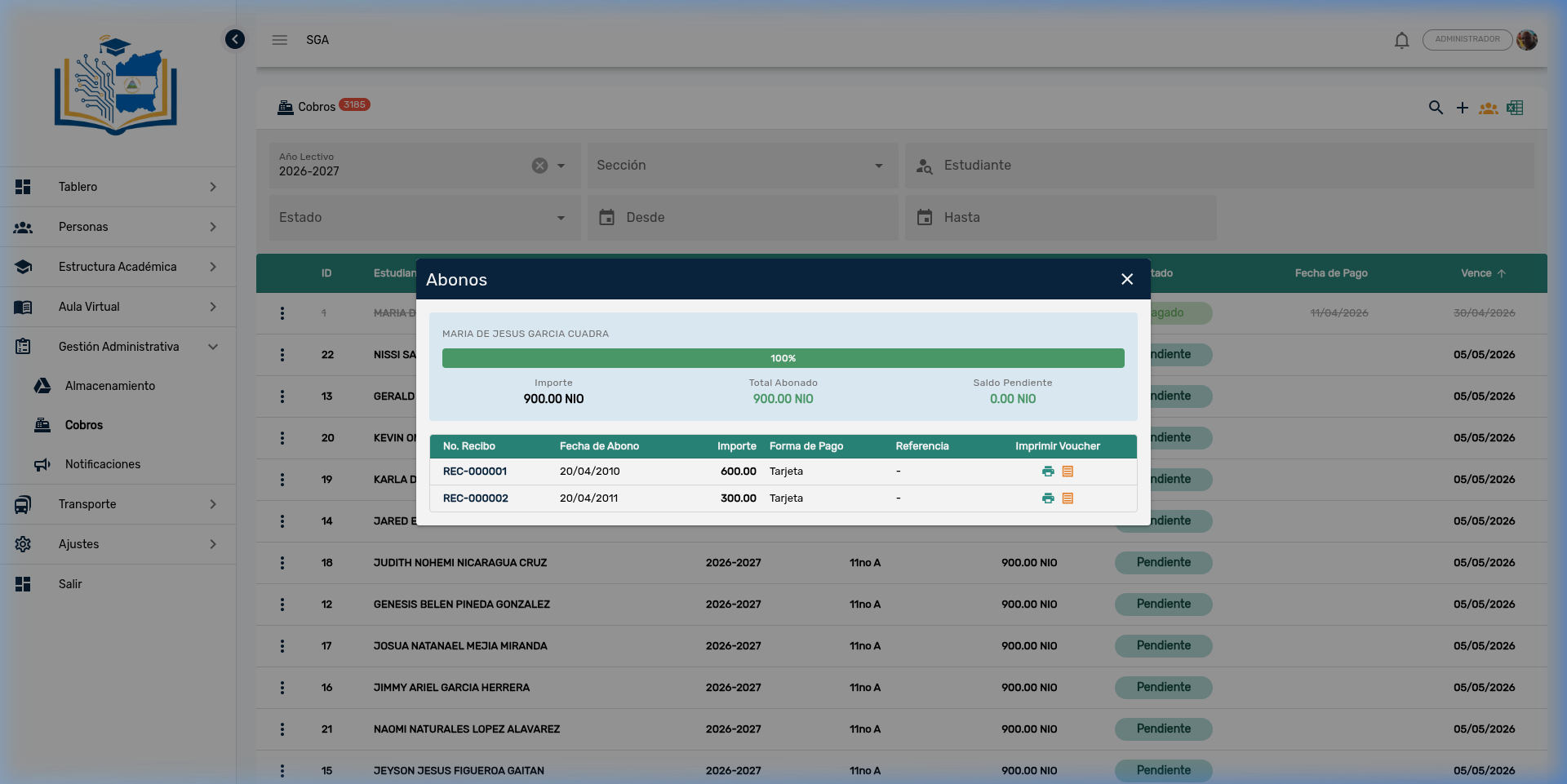 Panel de abonos para factura pagada - barra de progreso al 100% con historial de transacciones