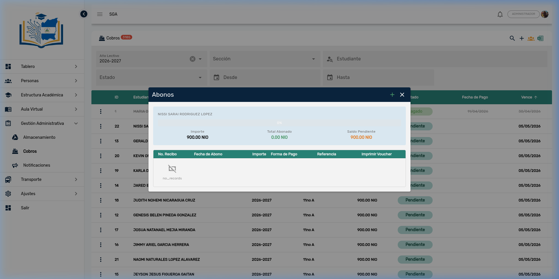 Panel de abonos para factura pendiente - barra de progreso en 0%