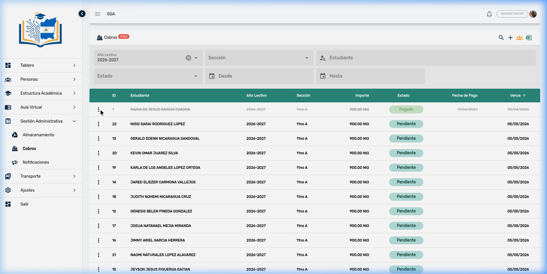 Menú de acciones por factura mostrando Abonos, Pagar, Estudiante, Editar y Eliminar