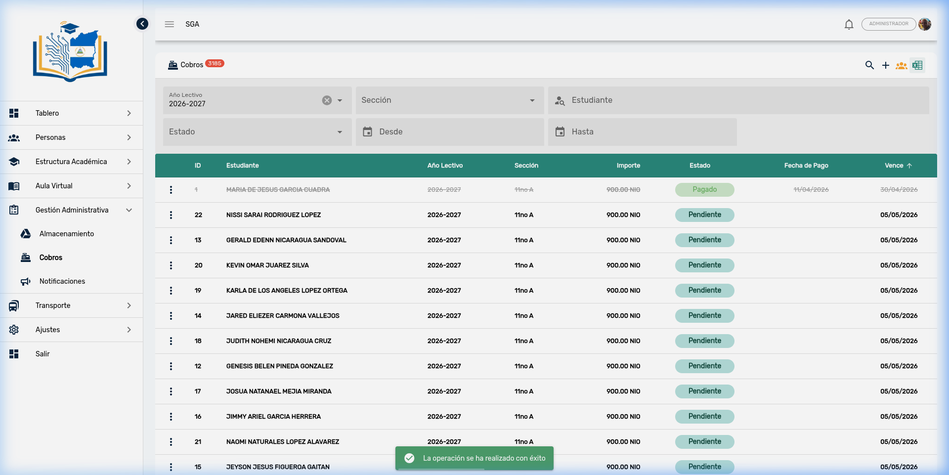Botón de exportación Excel en la barra de herramientas de Cobros