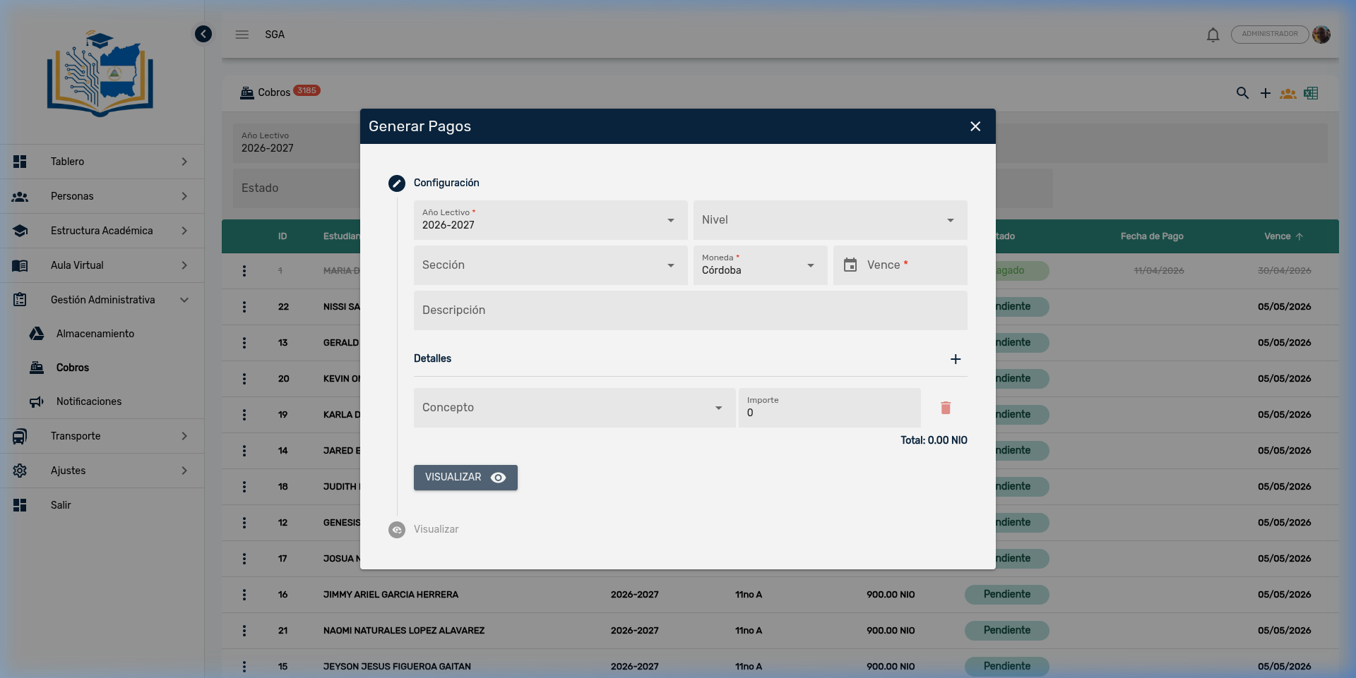Formulario de Generar Pagos con Configuración, Detalles, Concepto, Importe y botón Visualizar