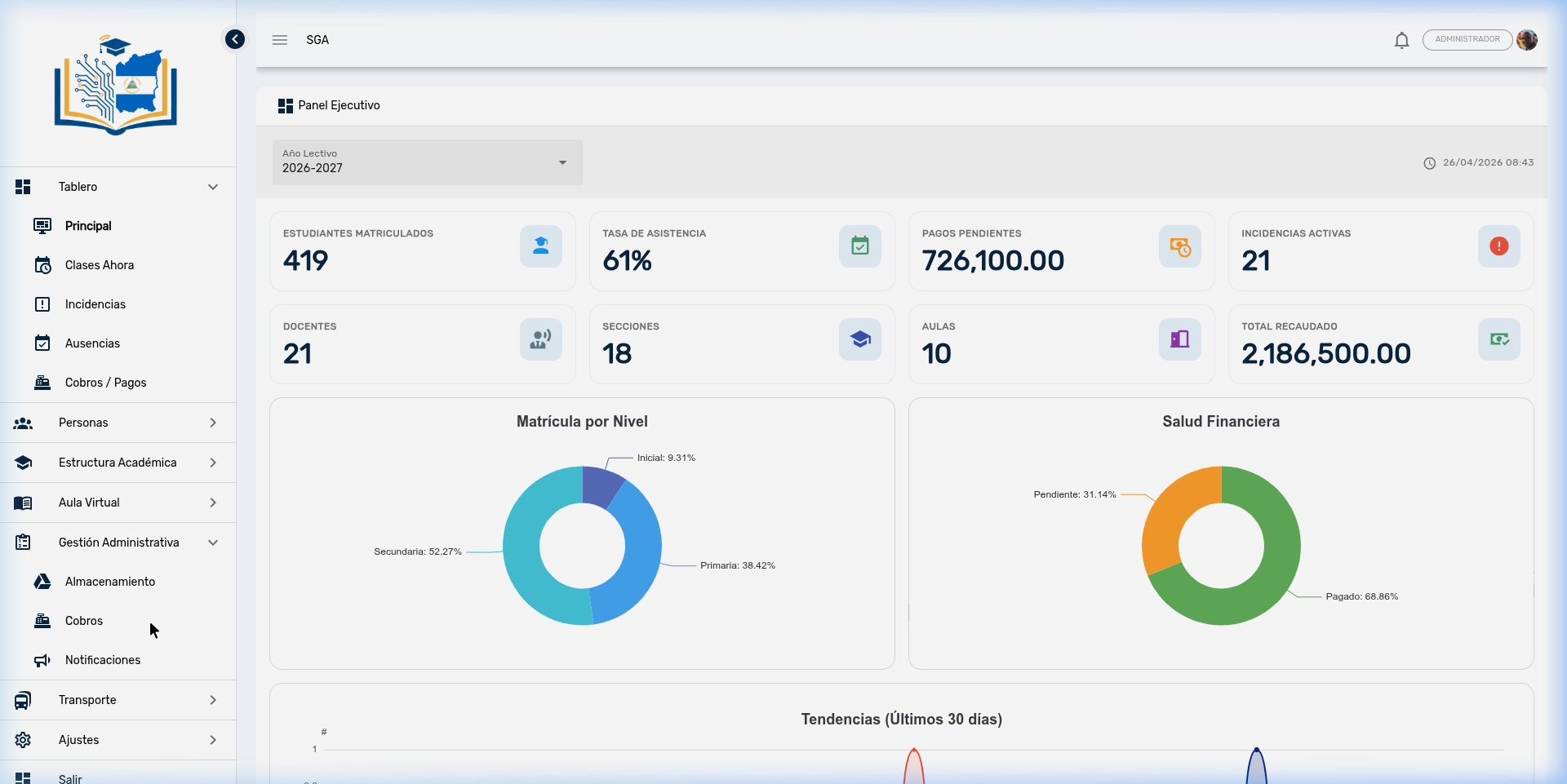 Lista de cobros con filtros, estados y columnas de información