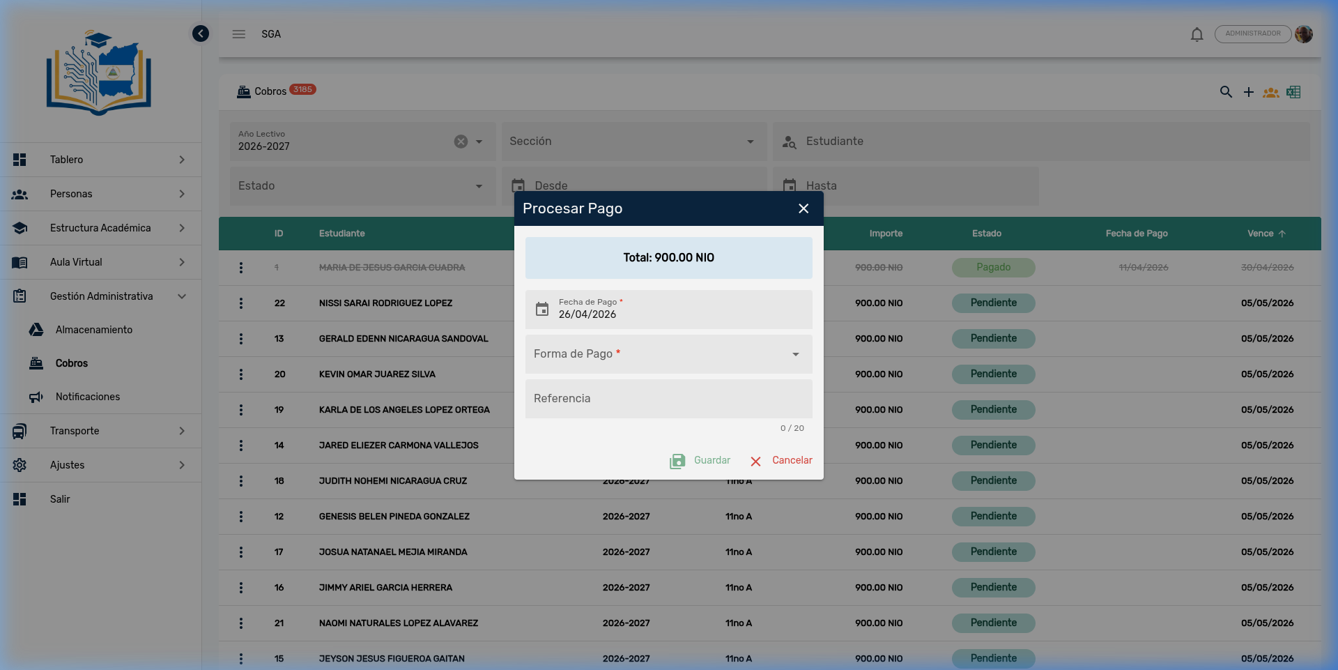 Diálogo de Procesar Pago con Total, Fecha, Forma de Pago y Referencia