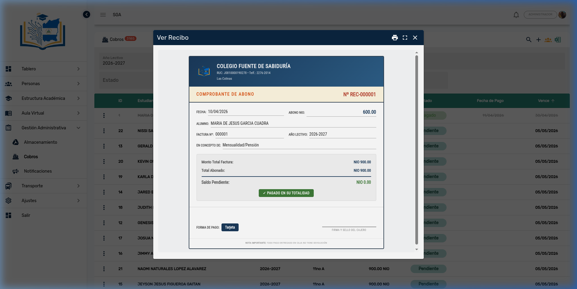 Recibo formato Voucher con logo institucional, datos del alumno, desglose de pagos y sello PAGADO EN SU TOTALIDAD