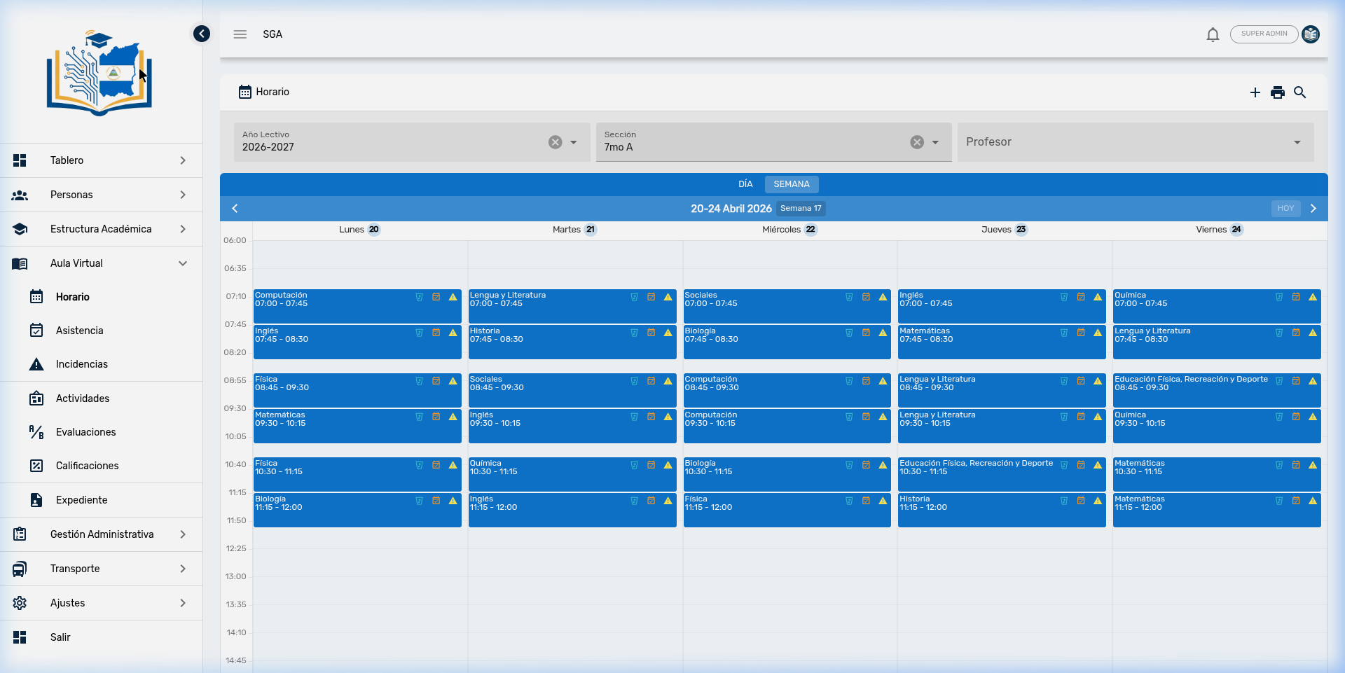 Vista del calendario semanal con horario de clases