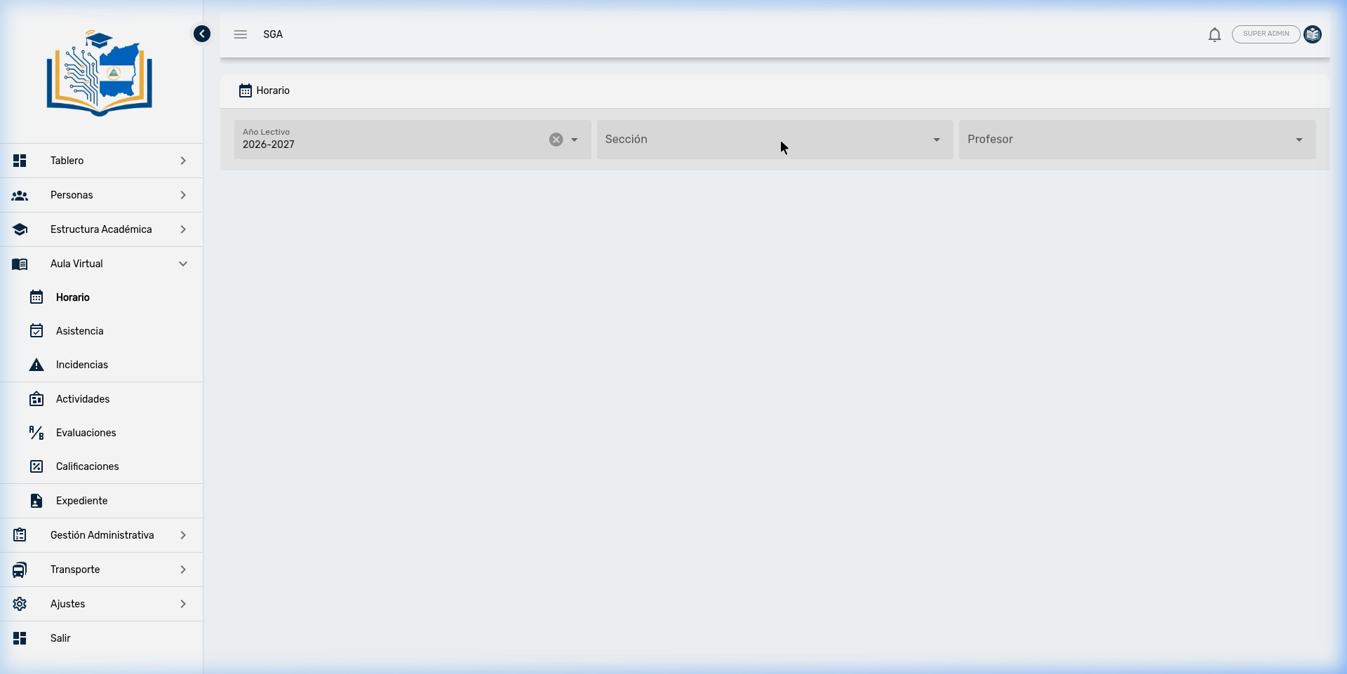 Filtros del horario: Año Lectivo, Sección y Docente
