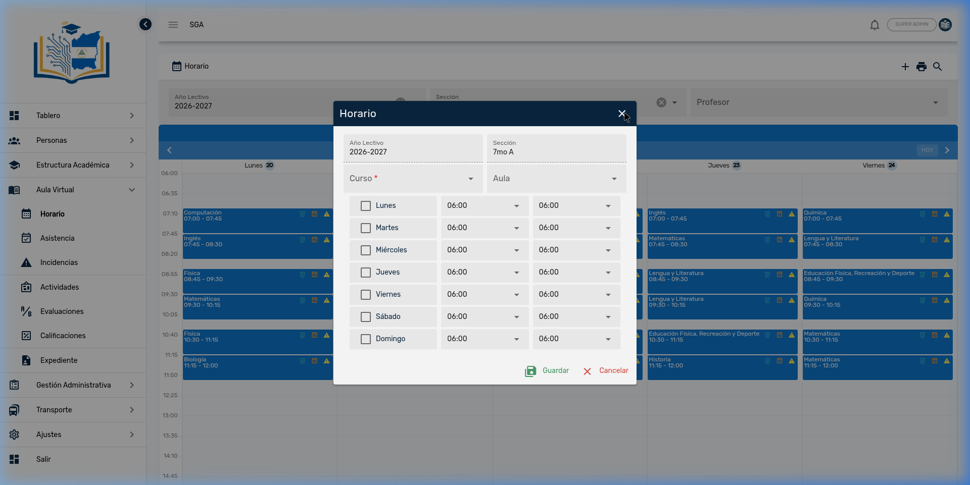 Formulario de creación de horario con días y horas