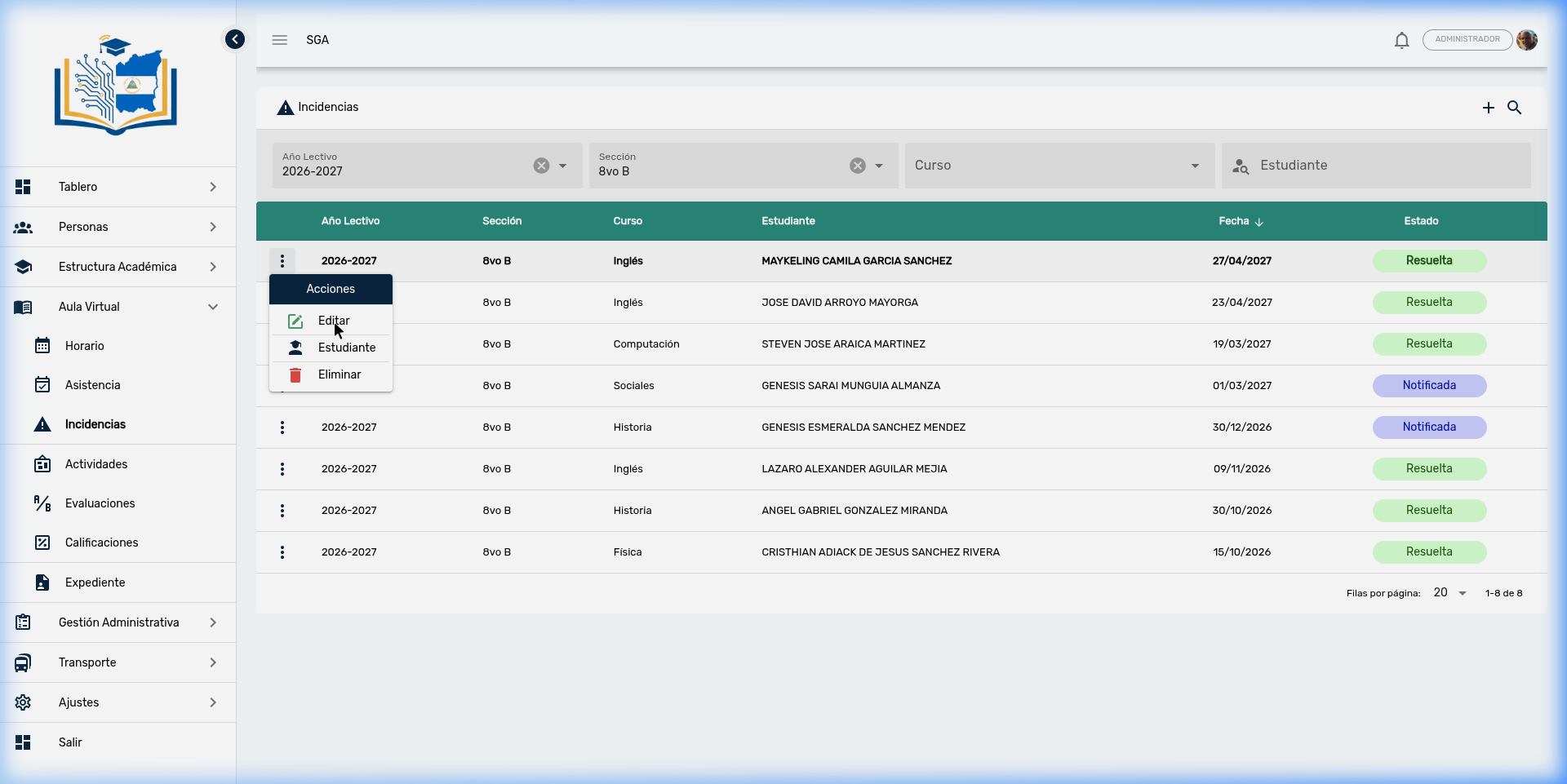 Menú de acciones por registro: Editar, Estudiante, Eliminar
