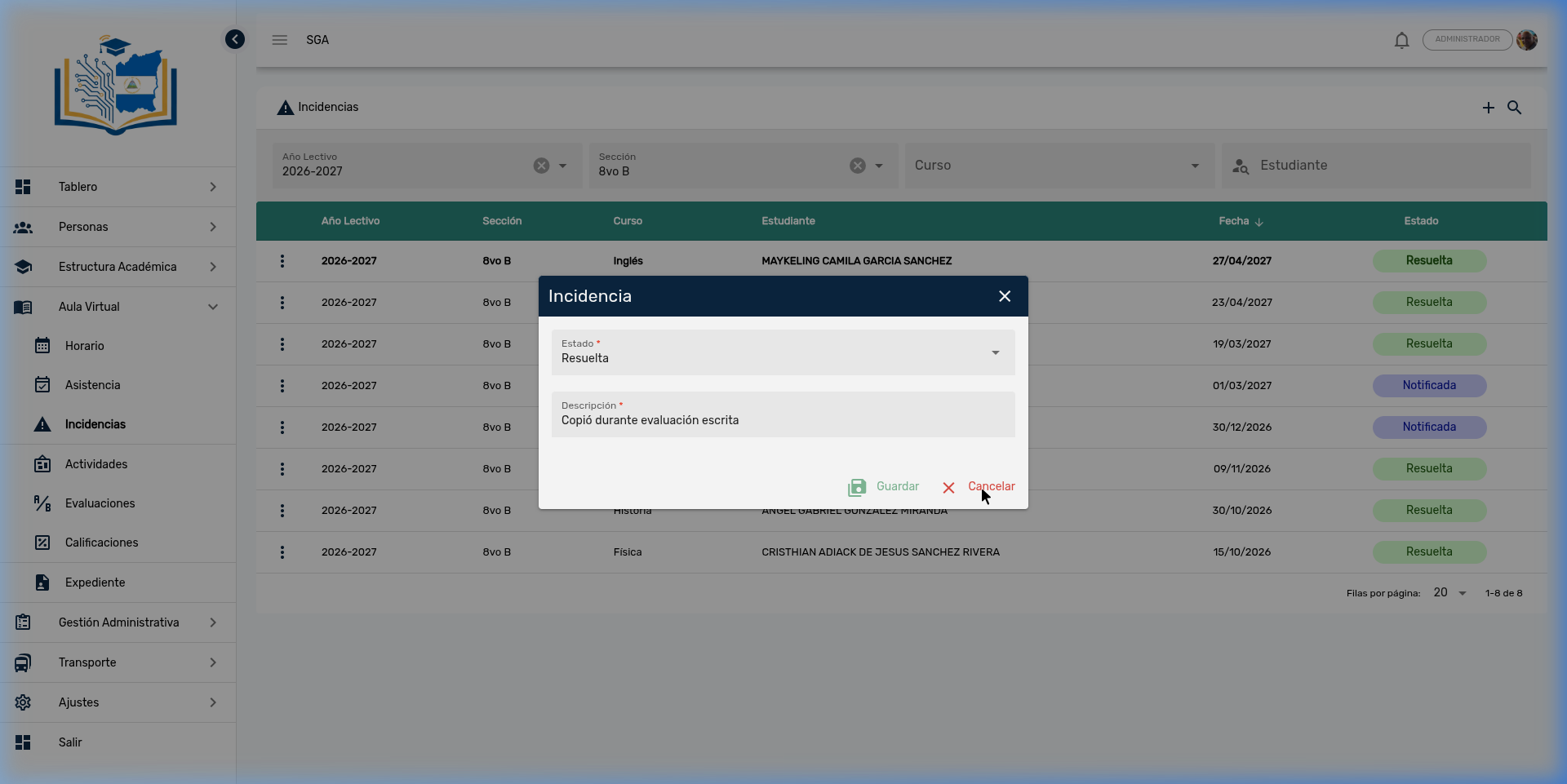 Diálogo de edición de incidencia con selector de estado y campo de descripción