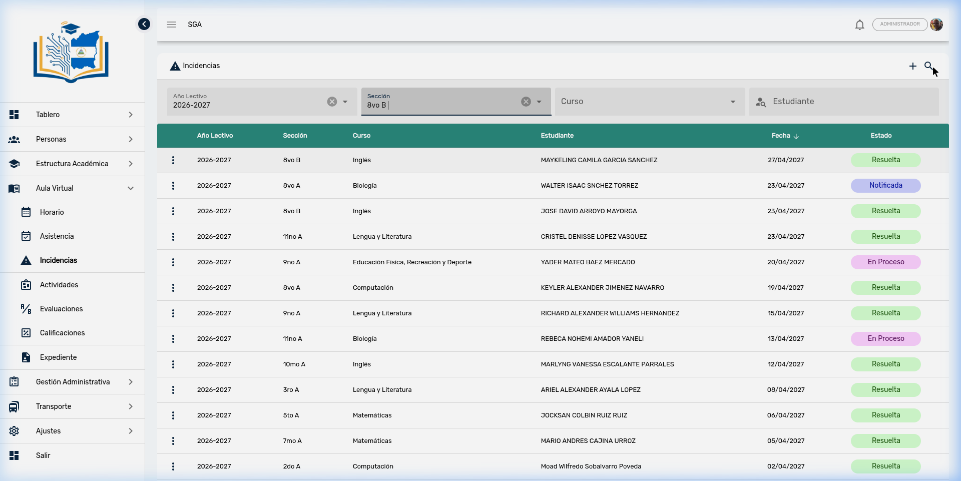 Lista de incidencias con filtros en cascada, estados de color y menú de acciones