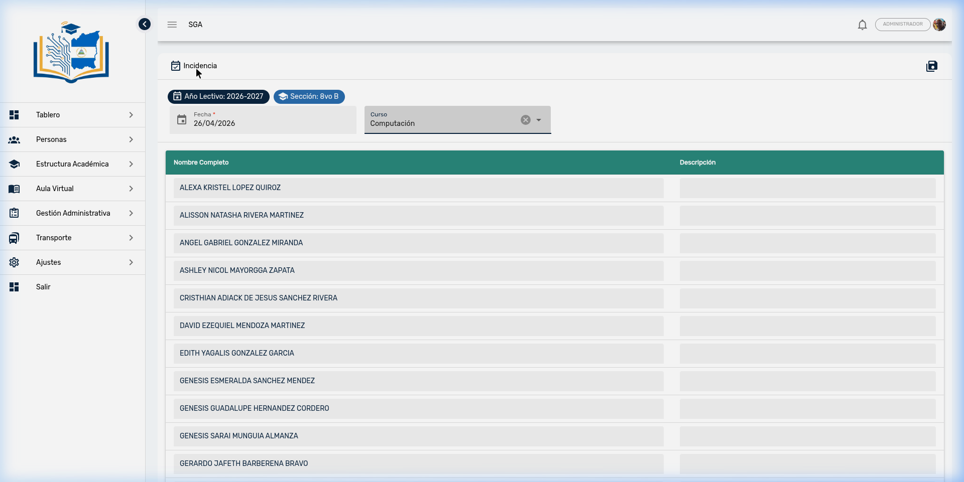 Formulario de creación masiva de incidencias con lista de estudiantes