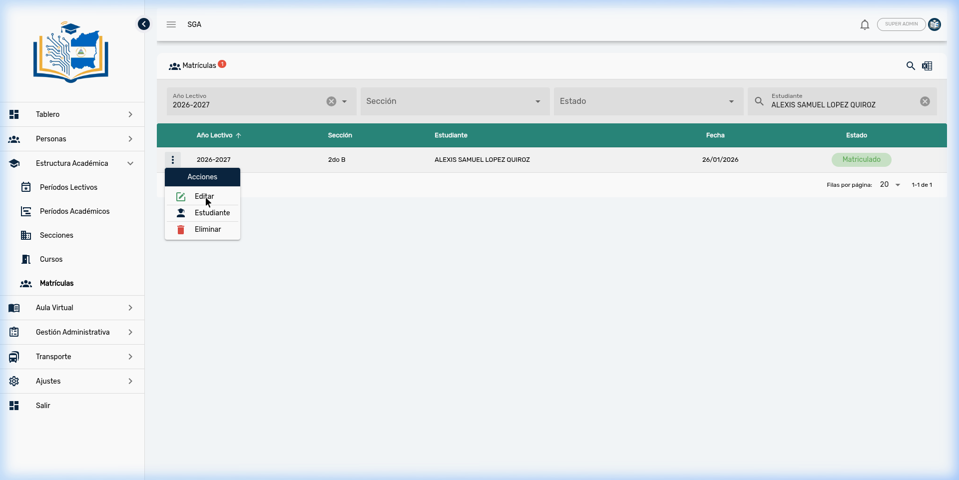 Menú de acciones de matrícula