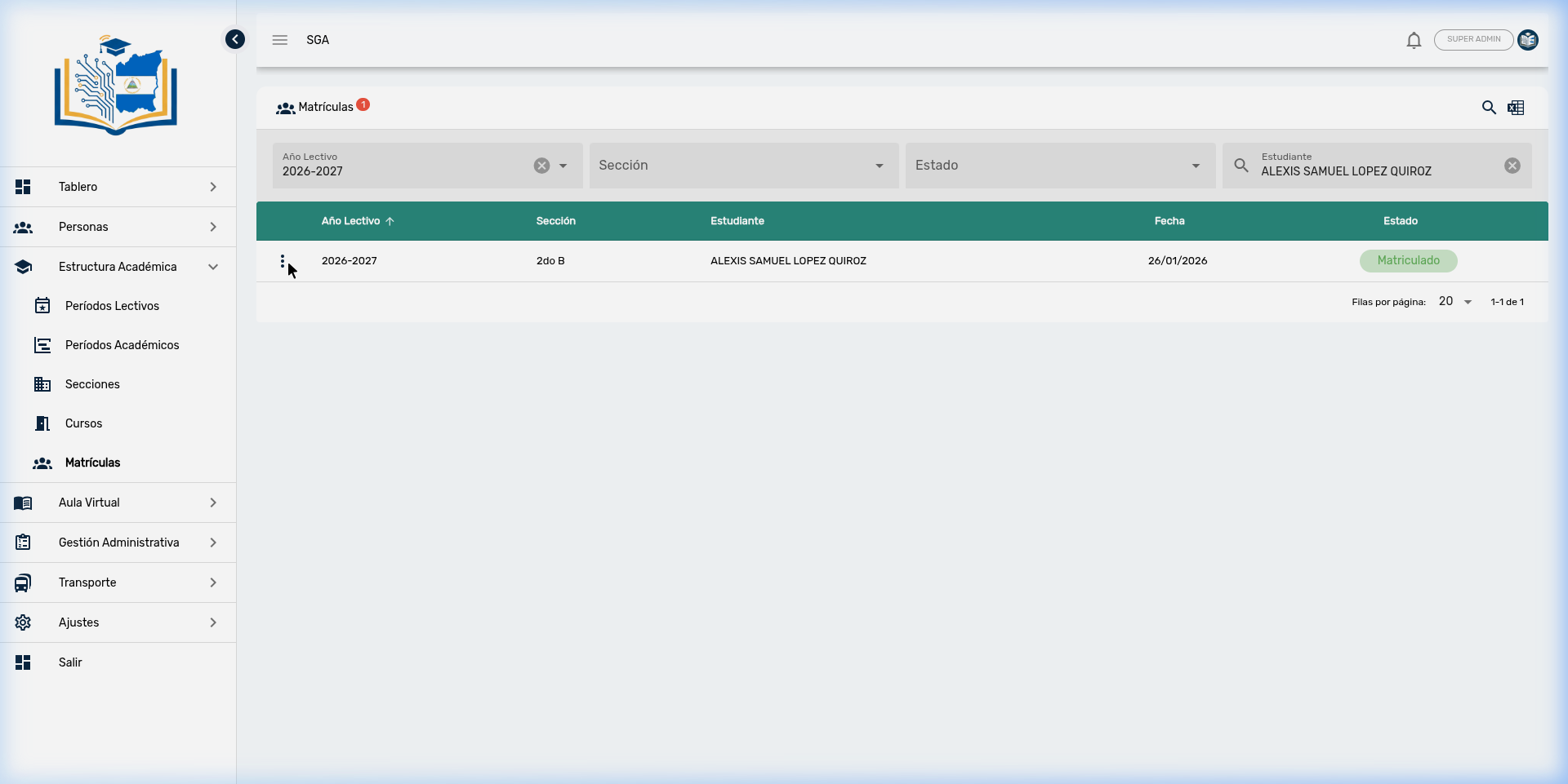 Barra de filtros de Matrículas con búsqueda por nombre de estudiante