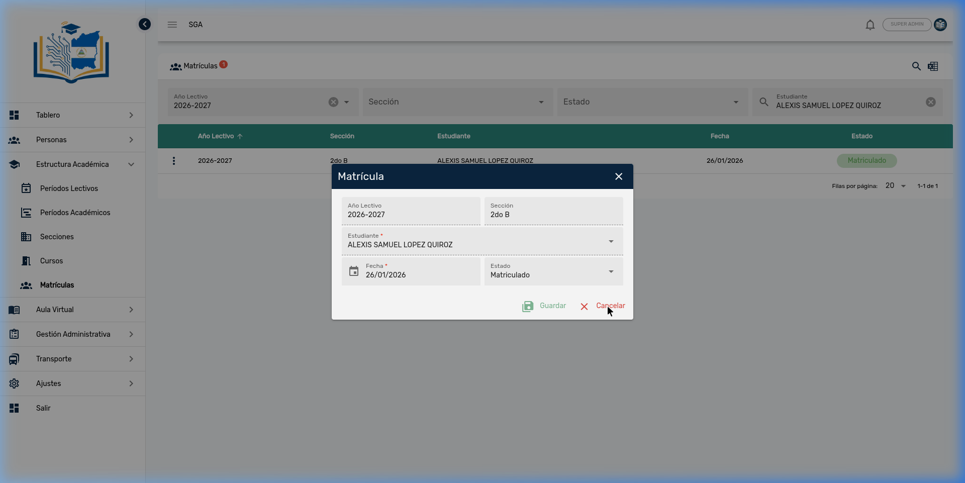 Diálogo de edición de matrícula — Datos pre-cargados del estudiante Alexis Samuel Lopez Quiroz