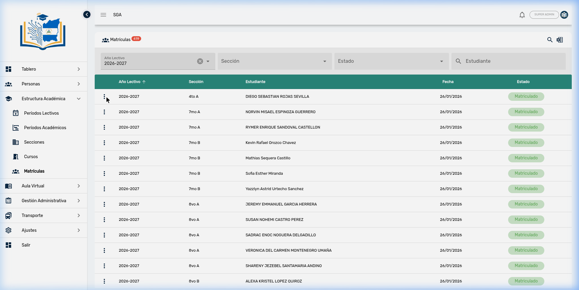 Lista de Matrículas — Vista general con 419 registros