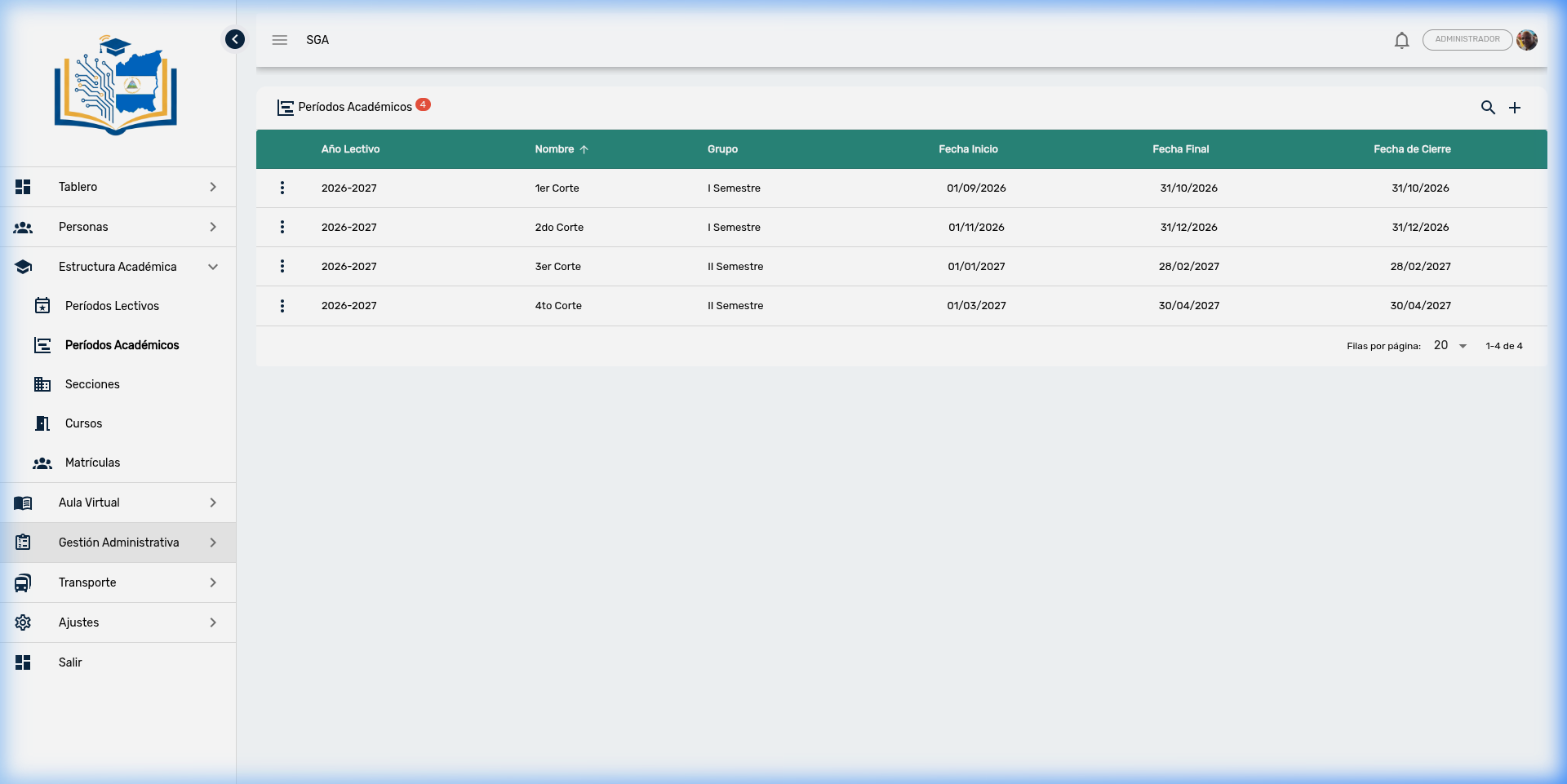 Lista de Períodos Académicos