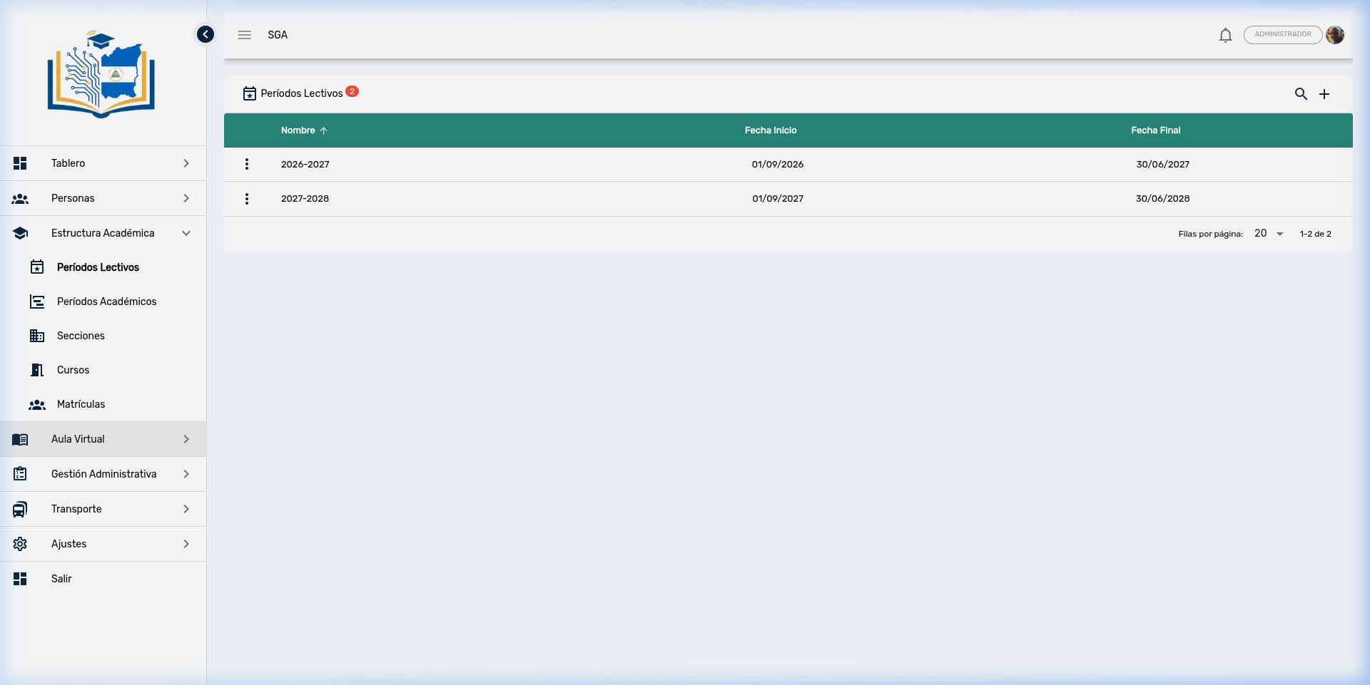 Lista de Períodos Lectivos