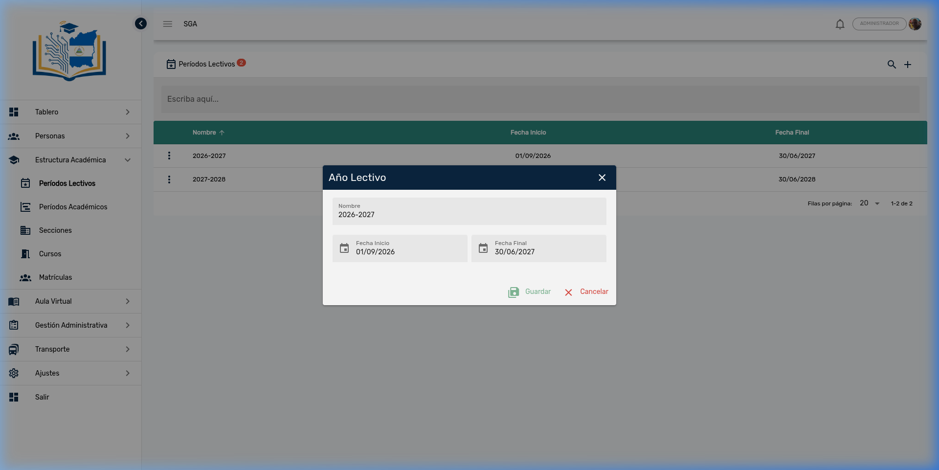 Editar Período Lectivo